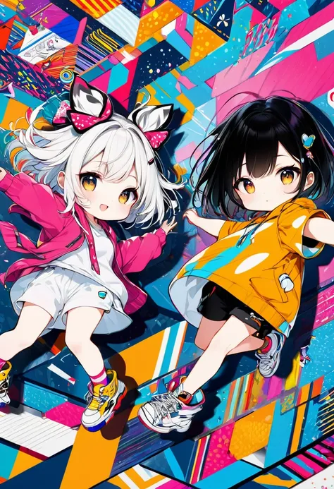 two cute chibi character girls, contrasting baggy rapper fashion, jumping and high-fiving, background vivid pattern wallpaper, conceptual installation art, BREAK delicate and dynamic textures, 2.5D, digital graphic CG, BREAK ultra detailed, absolutely reso...