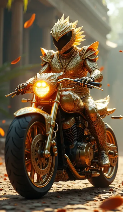 Heres a text prompt for generating an image of a Garuda-inspired motorcycle with a rider wearing a Garuda-inspired suit:

"Generate a highly detailed, mythological image of a Garuda-inspired motorcycle with a rider wearing a Garuda-inspired suit.

Motorcyc...