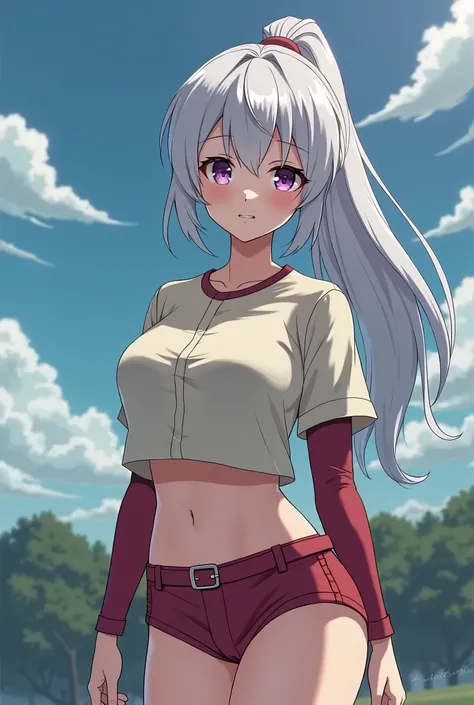 HD、Animation style、white hair 、Purple Eyes、girl、plump breasts 、High school student 、single ponytail、Baseball player、Light color short sleeve top、Long sleeve red underwear、Good shape、Thin、sash、Sky、cloud、sunny、plump breasts、Navel exposed、dazzler、Breasts expo...