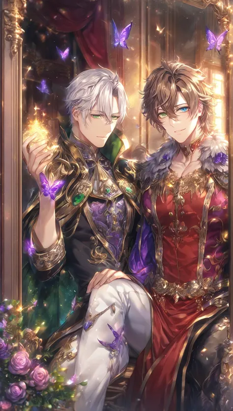 absurdres, highres, ultra detailed, HDR, master piece, best quality, extremely detailed, detailed eyes, detailed face, Ikki, white hair, expressive blue eyes, Amnesia Memories, Kent, ash-brown hair, expressive green eyes, two sexy men together, gay couple,...