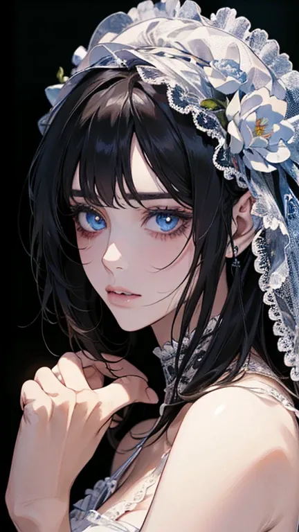 1 girl, beautiful detailed eyes, beautiful detailed lips, extremely detailed eyes and face, long eyelashes, bride in white casamento dress, holding flowers, perfect face, blue eyes, black hair, full body portrait, (best quality,4k,8k,highres,masterpiece:1....