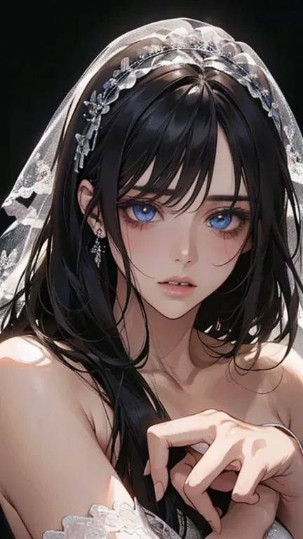 1 girl, beautiful detailed eyes, beautiful detailed lips, extremely detailed eyes and face, long eyelashes, bride in white casamento dress, holding flowers, perfect face, blue eyes, black hair, full body portrait, (best quality,4k,8k,highres,masterpiece:1....