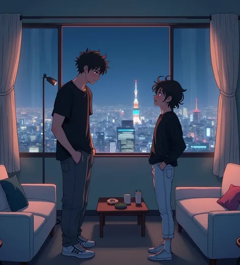 Two anime style friends, anime style To Love Ru, high lighting, apartment with the spotlights on, They are standing arguing, There are some white furniture and a small table in the center., A window near the living room reflects a city of Tokyo covered in ...