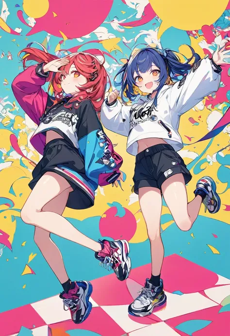 two cute chibi character girls, contrasting baggy rapper fashion, jumping and high-fiving, background vivid pattern wallpaper, conceptual installation art, BREAK delicate and dynamic textures, 2.5D, digital graphic CG, BREAK ultra detailed, absolutely reso...