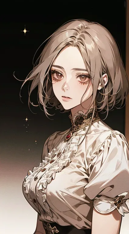 A stunning anime-style portrait of a woman with graying hair and an orange blouse, exquisitely detailed, red-tinted rendering showcasing an impressive effect, with a creamy dripping effect for a vibrant facial appearance, wearing a beautifully intricate tr...