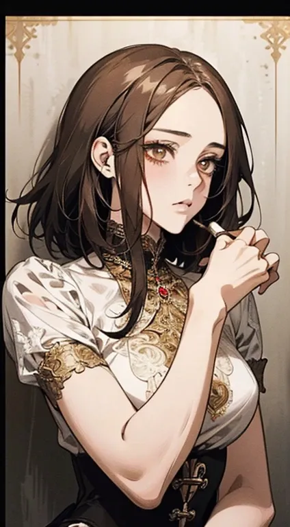 A stunning anime-style portrait of a woman with graying brown hair and an orange blouse, exquisitely detailed, red-tinted rendering showcasing an impressive effect, with a creamy dripping effect for a vibrant facial appearance, wearing a beautifully intric...