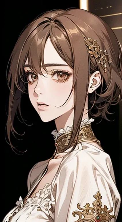 A stunning anime-style portrait of a woman with graying brown hair and an orange blouse, exquisitely detailed, red-tinted rendering showcasing an impressive effect, with a creamy dripping effect for a vibrant facial appearance, wearing a beautifully intric...