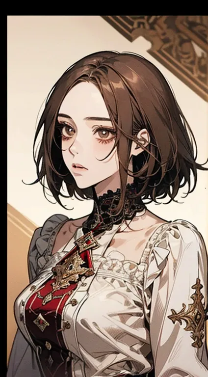 A stunning anime-style portrait of a woman with graying brown hair and an orange blouse, exquisitely detailed, red-tinted rendering showcasing an impressive effect, with a creamy dripping effect for a vibrant facial appearance, wearing a beautifully intric...