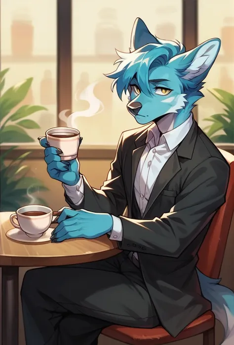 detailed artistic portrait, of an anthromorphic adult fox, alone, wearing black suit, sitting on a chair, having a cup of tea, i...