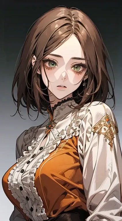 A stunning anime-style portrait of a woman with graying brown hair and an orange blouse, green eyes, exquisitely detailed, red-tinted rendering showcasing an impressive effect, with a creamy dripping effect for a vibrant facial appearance, wearing a beauti...