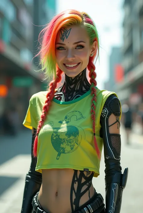 real photo. Cyborg woman with vibrant arcoiris hair, braided and on the sides. Featuring a detailed cybernetic arm and cybernetic leg with visible joints and segments. The woman is wearing a green and yellow t-shirt with futuristic designs and tattoos cove...