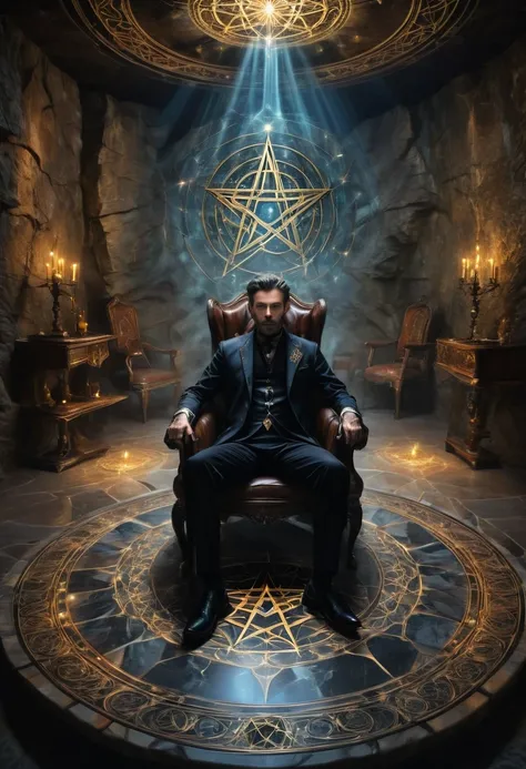 blurred cave background, top quality, masterpiece, very aesthetic, perfect composition, intricate details, ultra detailed, granite floor, pentagram на полу светится, pentagram, in the center of the pentagram is a chair, four-armed man, magician in a chair