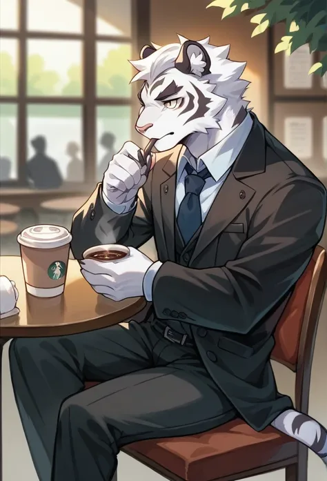 detailed artistic portrait, of an anthromorphic adult tiger, alone, wearing black suit, sitting on a chair, drinking tea, in a c...