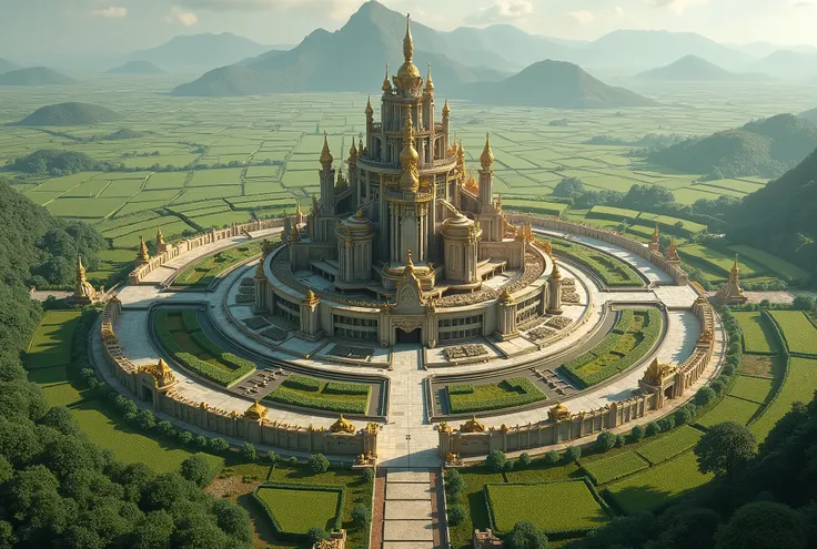 a beautiful fantasy temple palace that is the size of a medieval city laid out in a circular pattern. The city is surrounded by fields of crops.