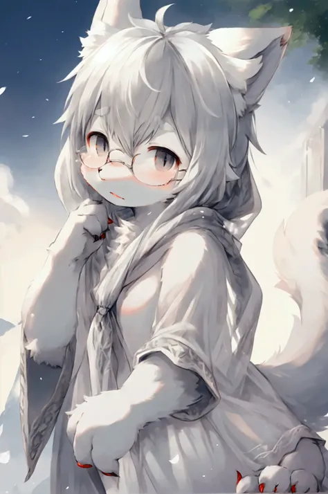 Wolf Girl，furry girl，Baby characteristics，White hair，Gray skin，Shawl，Glasses，