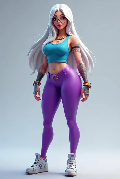 fortnite style girl with long white hair, voluptuous hips, thin waist, blue eyes, wearing allstar sneakers, glasses, blue tank top, legging roxa justa, full body
