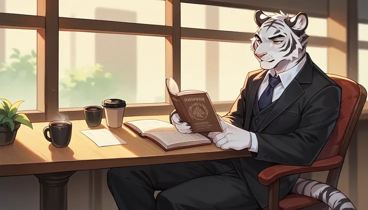 detailed artistic portrait, of an anthromorphic adult tiger, alone, wearing black suit, sitting on a chair, reading a book, in a...