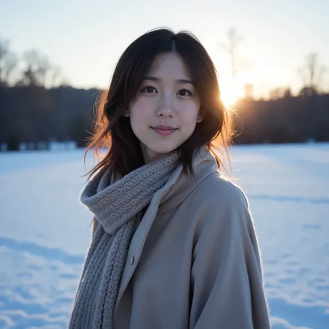 a asian woman is standing in a snow at dawn, soft blue sunlight casts her very gently.she is wearing a long elegant cloak and scarf,  outside is still half dark.she is gently smiling at camera,