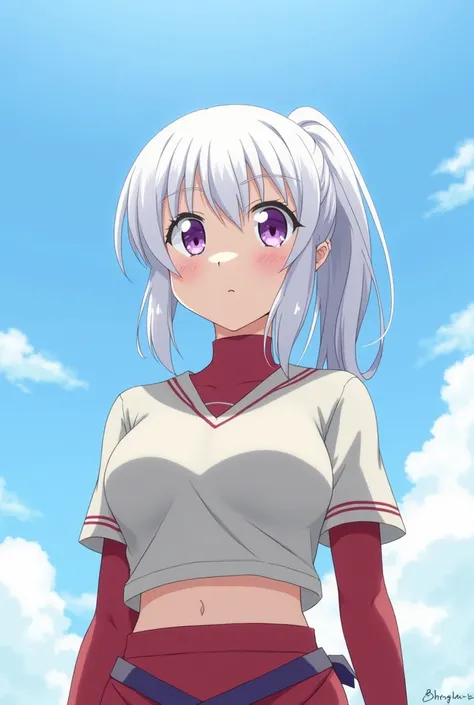 HD、Animation style、white hair 、Purple Eyes、girl、plump breasts 、High school student 、single ponytail、Baseball player、Light color short sleeve top、Long sleeve red underwear、Good shape、Thin、sash、Sky、cloud、sunny、plump breasts、Navel exposed、dazzler、Breasts expo...