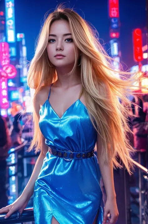 High image quality、High resolution、masterpiece、A woman in a short blue Chinese dress、Narrow Face、Long blonde hair blowing in the wind、View point looking down on the viewer、Low angle view、Red Eyes、Glaring、Cyberpunk、Night City、Asian cities、The wind is blowin...