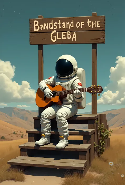 Wooden Bandstand, astronaut with guitar sitting on bandstand, sign above " bandstand of the gleba" landscape background