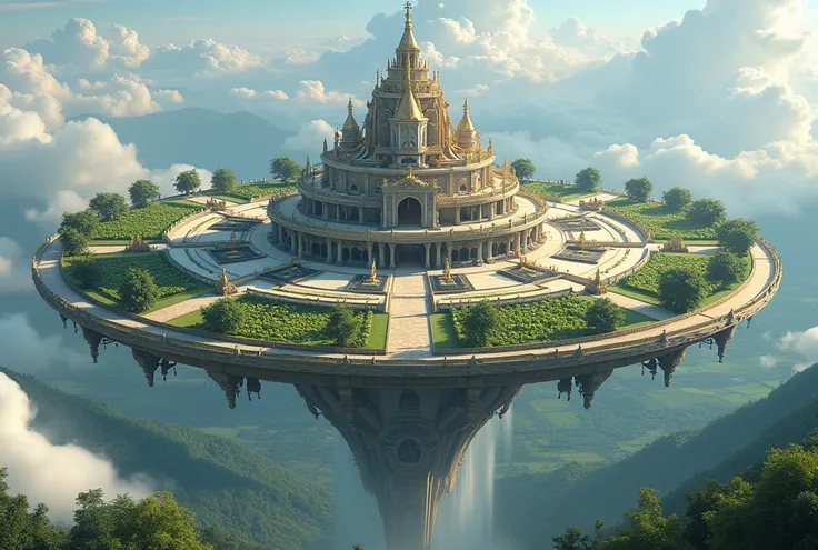 top view of a beautiful fantasy temple palace that is the size of a medieval city laid out in a circular pattern. The city is surrounded by fields of crops and the whole land mass is floating in the air.