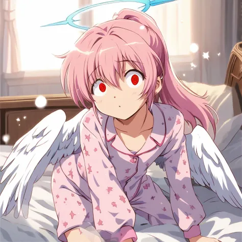 1girl,,red eyes,crazy eyes,ponytail,pink hair,cute,flat chest,angel halo,angel wings,BREAK pajama,BREAK sleeping on bed,BREAK background is apocalypse world,BREAK anime style,2000s art,