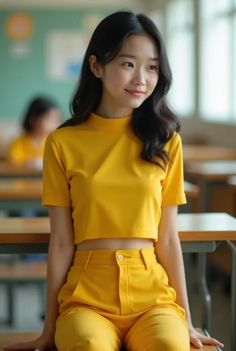 Asian girl, in the classroom, sitting on bench,ware a yellow colour top and yellow trouser, see the waist at the back