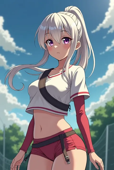 HD、Animation style、white hair 、Purple Eyes、girl、plump breasts 、High school student 、single ponytail、Baseball player、Light color short sleeve top、Long sleeve red underwear、Good shape、Thin、sash、Sky、cloud、sunny、plump breasts、Navel exposed、dazzler、Breasts expo...