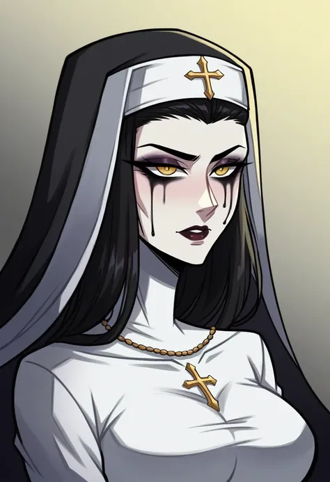 (Draw an image of an sinister woman, pale skin and yellow eyes that exude a brutal aura, long messy black hair, nefarious creature, beautiful woman, dark makeup, she wears a dark diadem above the head, wearing a beautiful dress, nun clouthes, malevolent da...