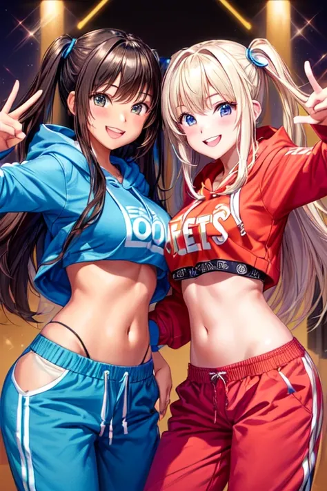 sfw (safe for work), 2 girls, hoodie, karaoke, smiling, posing, Hooters sweatpants".