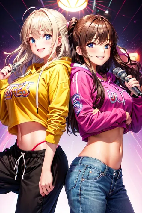 sfw (safe for work), 2 girls, hoodie, karaoke, smiling, posing, Hooters sweatpants".