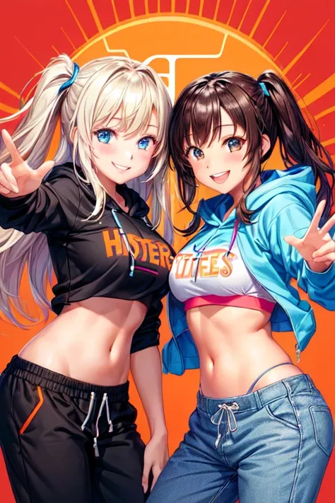 sfw (safe for work), 2 girls, hoodie, karaoke, smiling, posing, Hooters sweatpants".