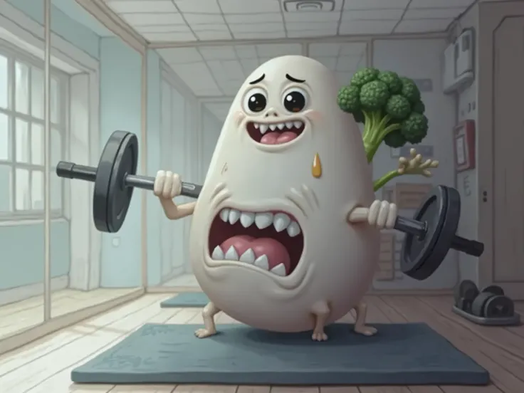 Draw me an egg that is lifting weights as if it were difficult for him and that a broccoli is watching him from behind his back motivating him, even though the setting is a gym.