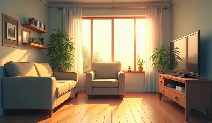 A living room with anime touches, typically American, very modest and cozy, wooden floor, illuminated by the morning sun, no plants and a modern TV