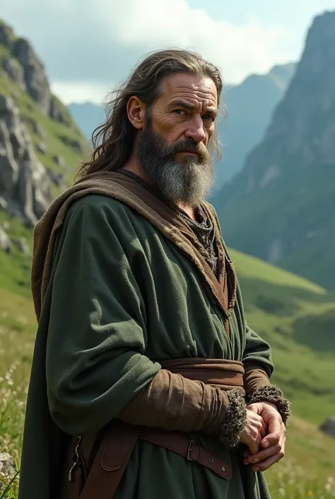 40 year old man, ugly, white skin, thin, gentle face, gentle gaze, neutral expression, detailed black eyes, long hair, wavy hair, brown hair, gray medieval travel outfit, standing in a green mountain in a beautiful sun, detailed background, dynamic posture...