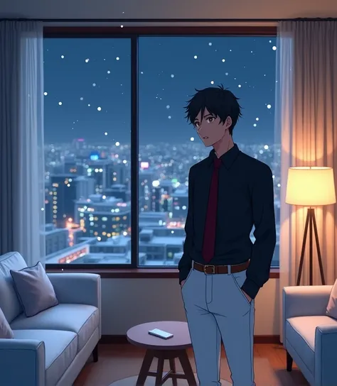 An anime style man, anime style To Love Ru, high lighting, apartment with the spotlights on, are standing, There are some white furniture and a small table in the center., A window near the living room reflects a city of Tokyo covered in light snow, illumi...