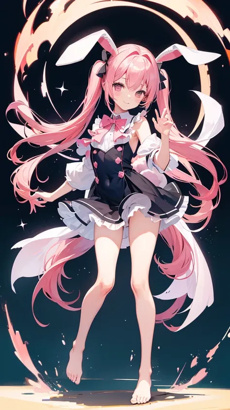 ((masterpiece))((Highest quality))Rabbit Ears、girl、smile、blush、Flat Chest、Are thin、Pink Hair、blush、Are standing、Whole body image、Even your toes are visible、Eye level on face、front、No background、Rabbit Pose、真frontのアングル、Pigtails、uniform