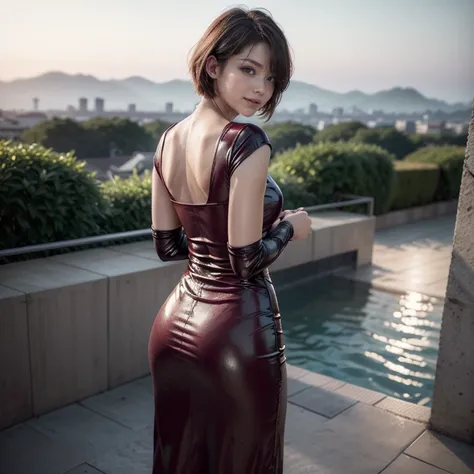 (look back、The whole body is visible:1.2)、(Tight long dress:1.5、shiny leather pant:1.2、Cropped length shirt:1.3)、(Woman standing on terrace)、(Squint your eyes and laugh、A smile)、(Realistic、Like a photograph、Live Action、8k, Realistic, RAW Photos, Best image...