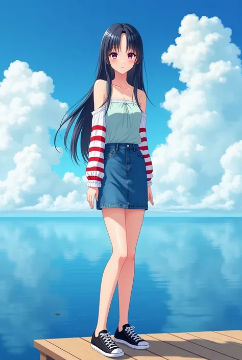 beautiful woman, standing at platform house on nice sky day, nice clouds, sea on background, she has long straight hair (forehead), wearing white and red striped long sleeves off-shoulder, pastel-blue camisole straps, azure-blue denim pencil mini skirt, bl...