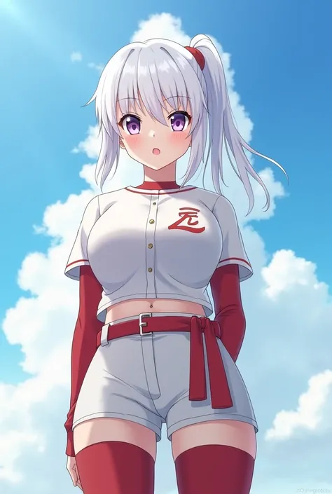 HD、Animation style、white hair 、Purple Eyes、girl、plump breasts 、High school student 、single ponytail、Baseball player、Light color short sleeve top、Long sleeve red underwear、Good shape、Thin、sash、Sky、cloud、sunny、plump breasts、Navel exposed、dazzler、Breasts expo...