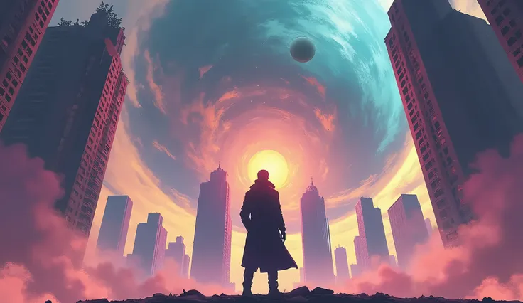 Digital artwork depicting a post-apocalyptic cityscape. The layout features a central figure standing amidst the ruins of a city, with tall, damaged skyscrapers on either side. The figure is silhouetted, wearing a long coat, and facing away from the viewer...