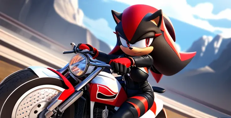 shadow the hedgehog but female,black fur with vertical red stripes,side fur bangs at faces both sides,white fur tuft on neck, big breasts,leather motorcycle outfit,white,red and black details,perfect female shape,thin waist,Slim and voluptuous girl,fingerl...