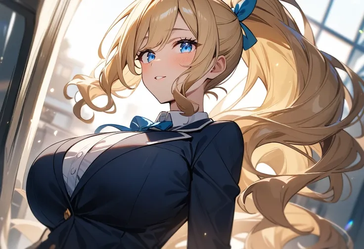 anime,(masterpiece: 1.2), (best quality: 1.2), perfect eyes, perfect face, perfect lighting, photo,BREAK,
Blonde, (Long ponytail: 1.4), (Very curly hair: 1.1), Bright blue eyes, (Big breasts: 1.6), BREAK, Blue Ribbon, BREAK,
((dark blue blazer, tartan chec...