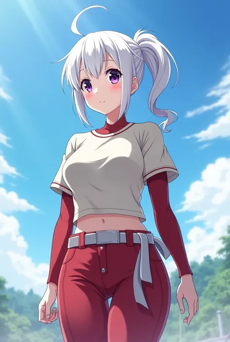 HD、Animation style、white hair 、Purple Eyes、girl、plump breasts 、High school student 、single ponytail、Baseball player、Light color short sleeve top、Long sleeve red underwear、Good shape、Thin、sash、Sky、cloud、sunny、plump breasts、Navel exposed、dazzler、Breasts expo...