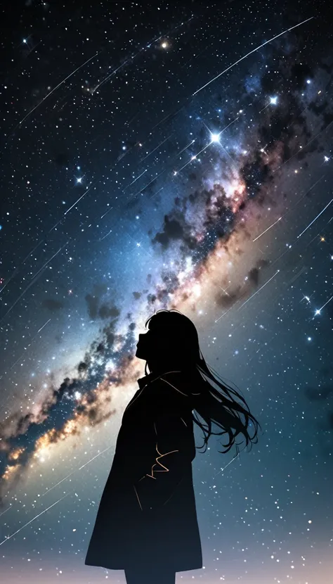 
Many stars shine in the winter sky, Taken with a long exposure、A starry sky with many circular orbits, The silhouette of a young woman with long hair、He puts his hands in his coat pockets and looks up at the sky, Photo taken from a distance, The photo bel...