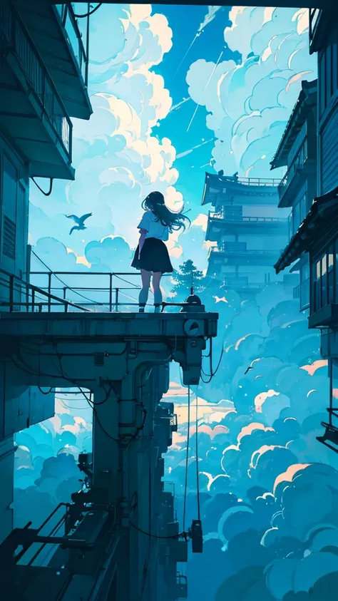 masterpiece, Exquisite detail,Highest quality, One girl, alone, handrail, cloud, Looking up at the buildings,1girl, High Resolution, Long Hair, cap,big loose White shirt, sneakers,jean shorts standing on the edge of a building, raining, Tokyo view, white l...