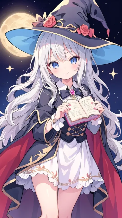 Beautiful illustrations, Best Quality, , Silver Hair, Wavy Hair, Witch one girl, smile, High resolution, Long Hair, 