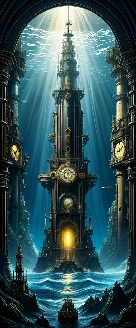 cross section of the Mariana Trench, atlantis, Northern Renaissance castle, huge amount of gear, sunlight shining through the deep, pitch black ocean, fantastic and mysterious, steampunk, dieselpunk, clockpunk, blend art, BREAK delicate and dynamic texture...