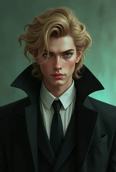 Generate a picture of a young man for me. 
Pretty face
Cold but gentle face
Man in suit with a long coat thing
Full blond hair, not too long, not too short. 
Clear skin
No tears, no dark circles. 
Cold siren eyes which are green